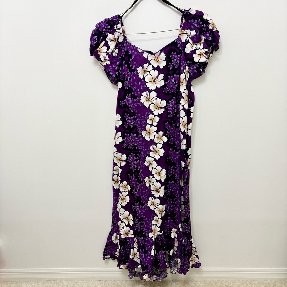 Hilo Hattie Blossoming Hibiscus Purple Shirred Sleeve Muu Muu Dress Large Hawaii